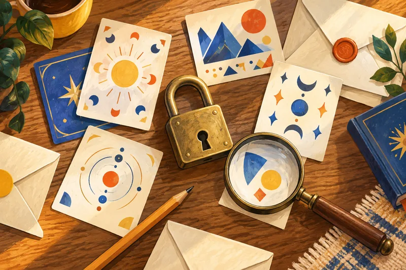 Illustrated puzzle cards, a lock, and a magnifying glass